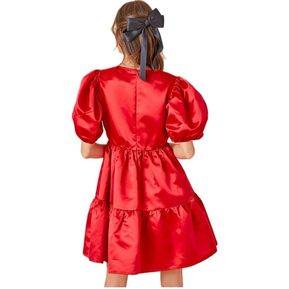 Satin Tiered Puff Sleeve Mini Dress Red - Picture 6 of 6